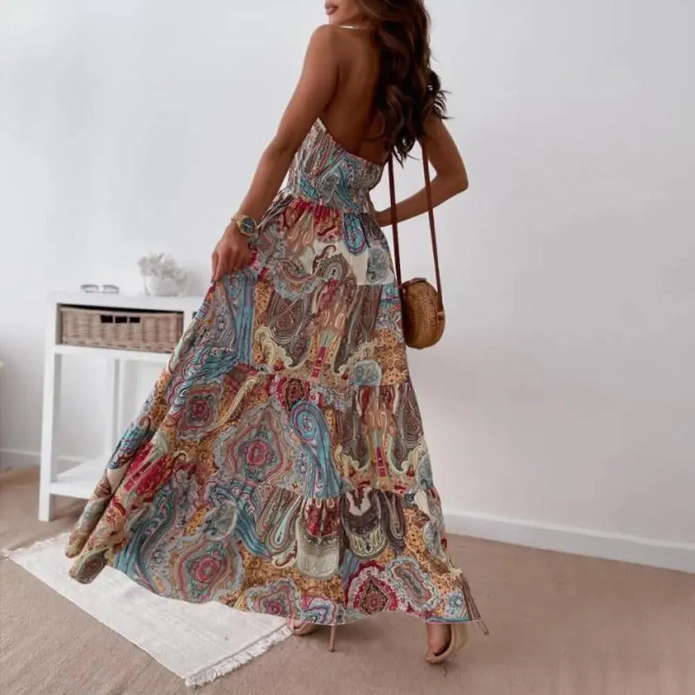 Maxi Dress With Halter Neck And Multicolor Paisley Pattern For Women | Perfect for Casual Days