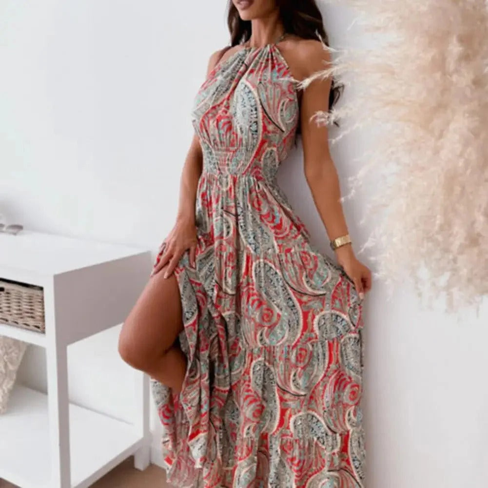 Maxi Dress With Halter Neck And Multicolor Paisley Pattern For Women | Perfect for Casual Days