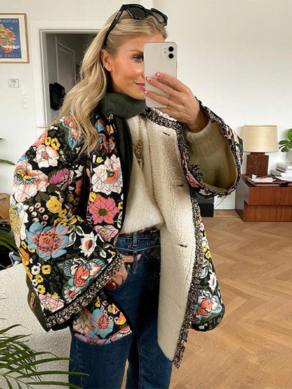 Women's Floral Print Warm Puffer Winter Jacket | Ideal for Winter