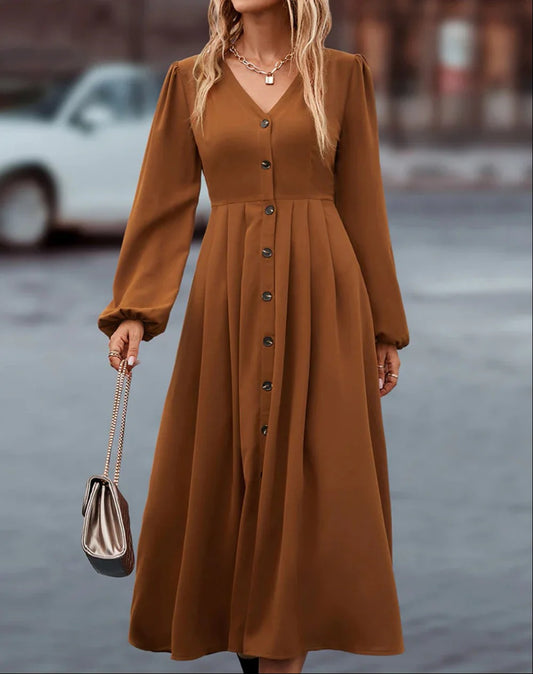 Formal Long Dress With Puff Sleeves And Button Closure For Women | Perfect for Casual Days