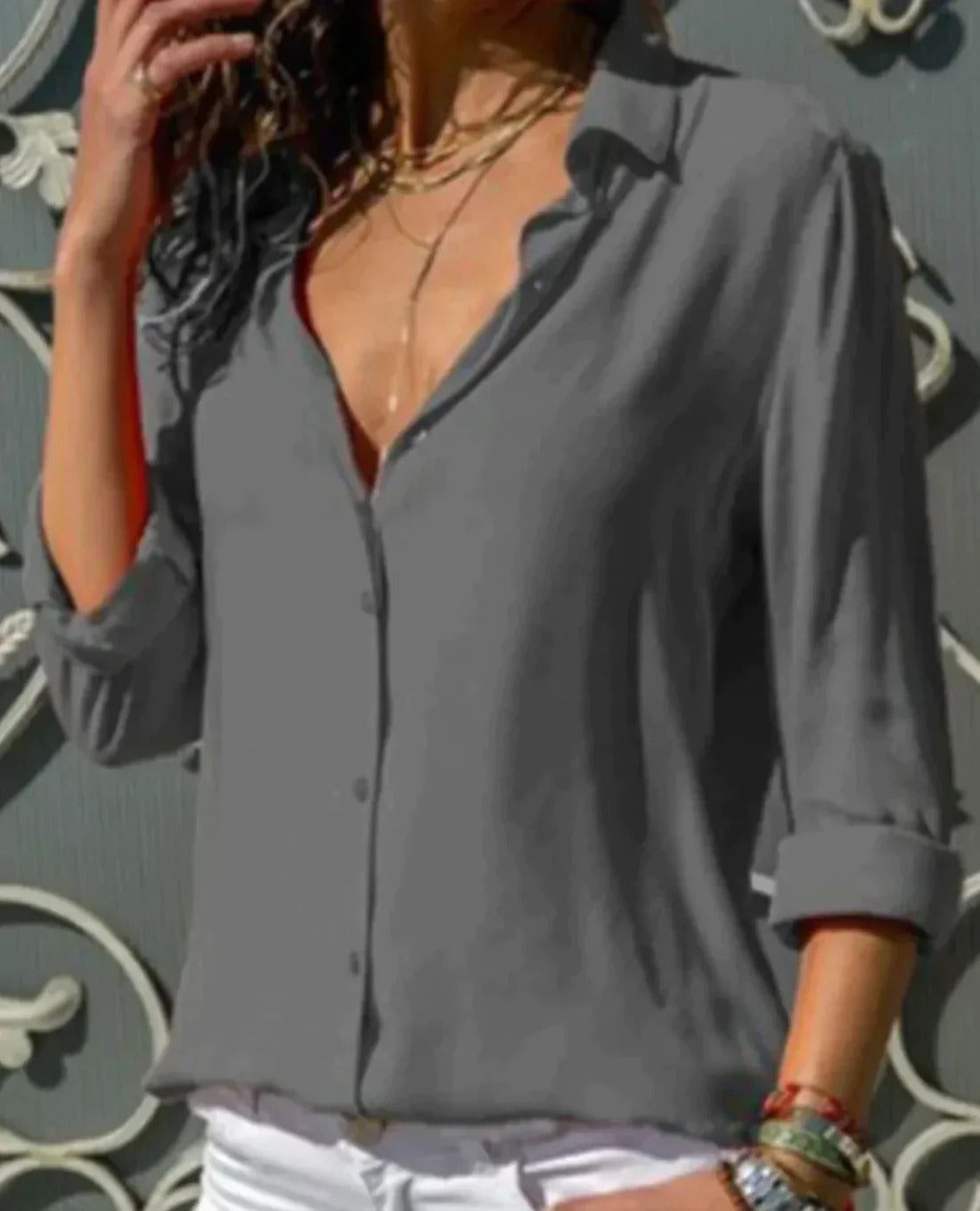 Solid Color V-Neck Shirt With Buttons And Collar For Women | Ideal for Summer