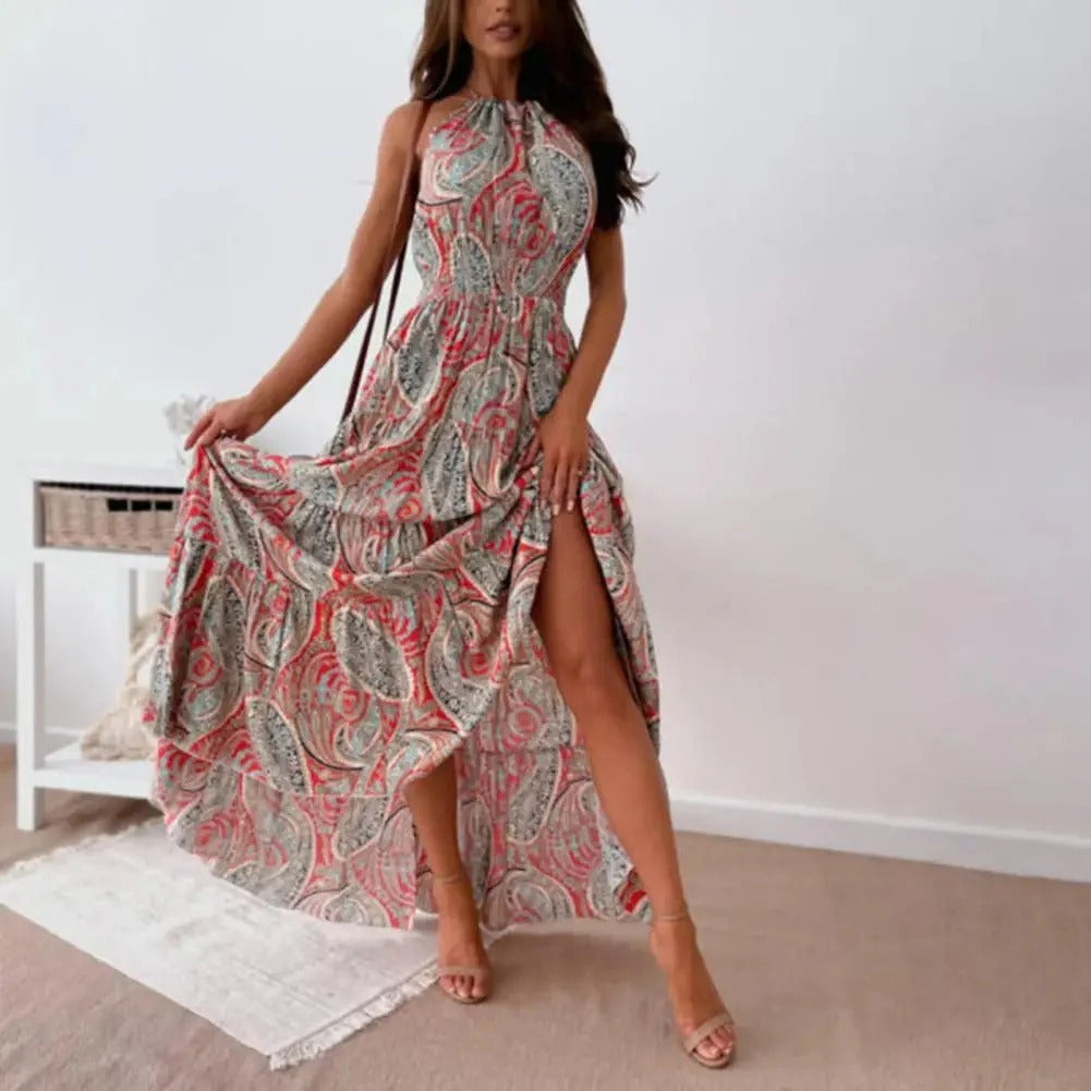 Maxi Dress With Halter Neck And Multicolor Paisley Pattern For Women | Perfect for Casual Days