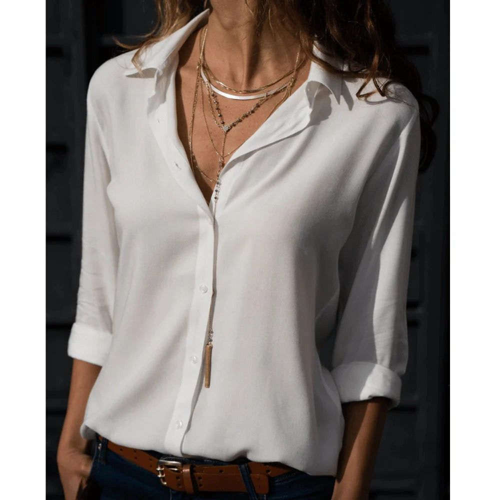 Solid Color V-Neck Shirt With Buttons And Collar For Women | Ideal for Summer