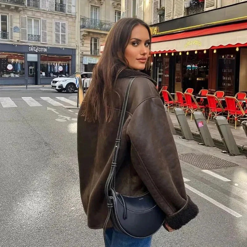 Women's Elegant Vegan Leather Woolen Warm Winter Coat | Ideal for Winter