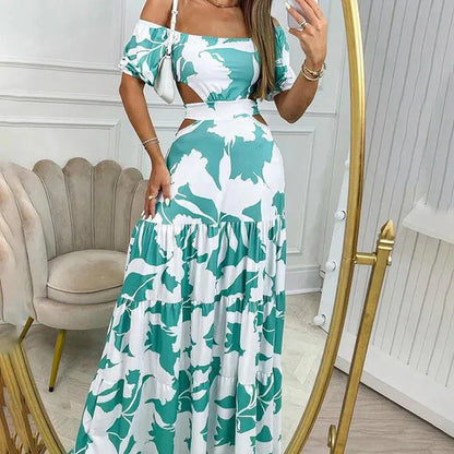 Off-Shoulder Beach Dress With Leaf Pattern And Cut-Out Waist For Women | Ideal for Summer