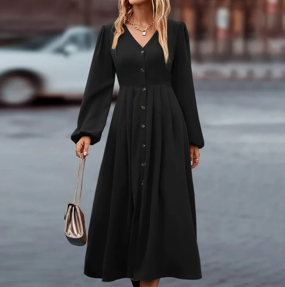 Formal Long Dress With Puff Sleeves And Button Closure For Women | Perfect for Casual Days