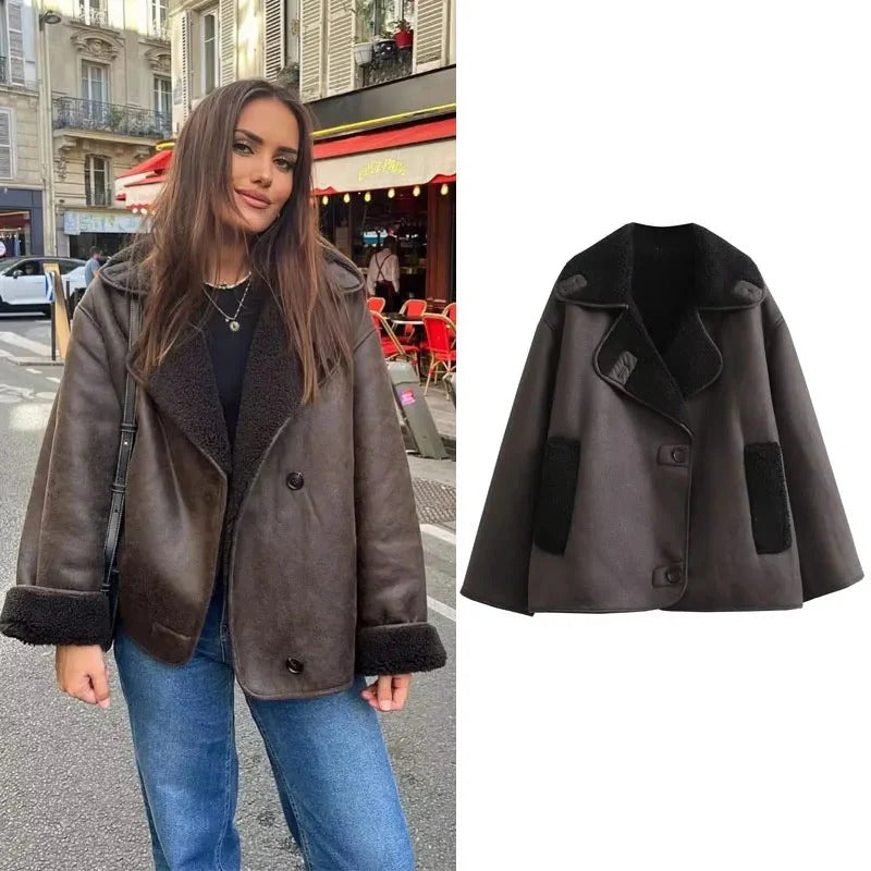 Women's Elegant Vegan Leather Woolen Warm Winter Coat | Ideal for Winter