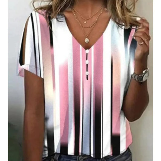 Striped V-Neck Shirt With Buttons For Women | Ideal for Summer